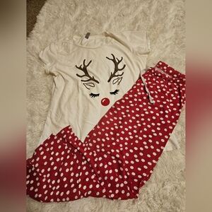 Reindeer Print Pajama Set - Red and White